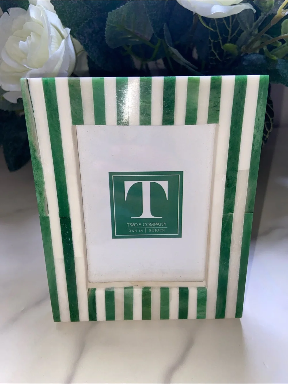 Two's Company Celebration Stripe Emerald and White Striped 3x4 Mini Photo Frame